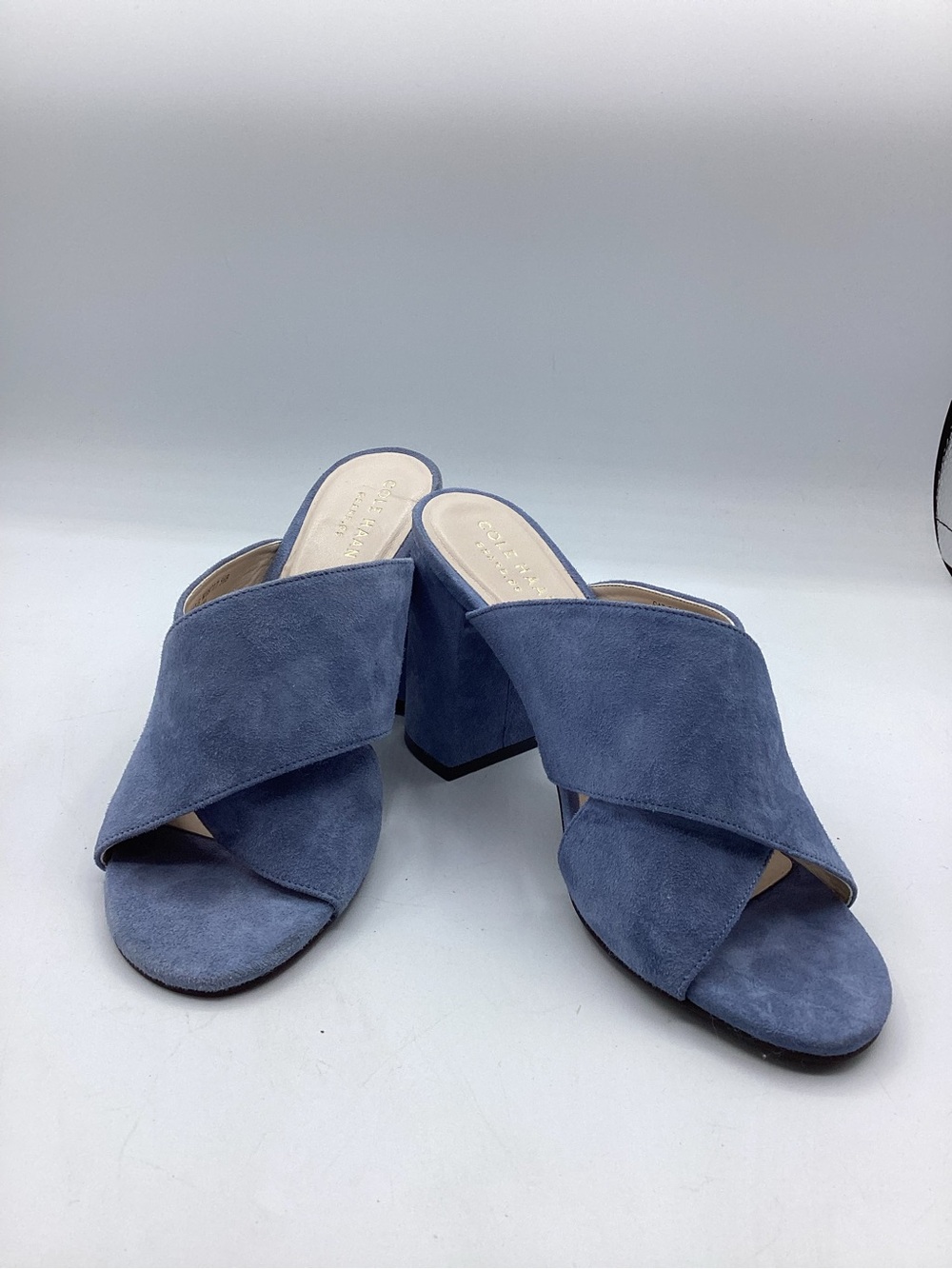 Cole Haan NWOT Suede Crisscross Block Heel Mules - Blue Size 5.5